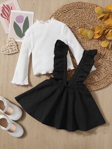 SHEIN Baby Lettuce Trim Tee & Ruffle Trim Suspender Skirt - Black and White - View 4