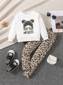 Toddler Girls Figure And Letter Graphic Pullover & Leopard Print Leggings