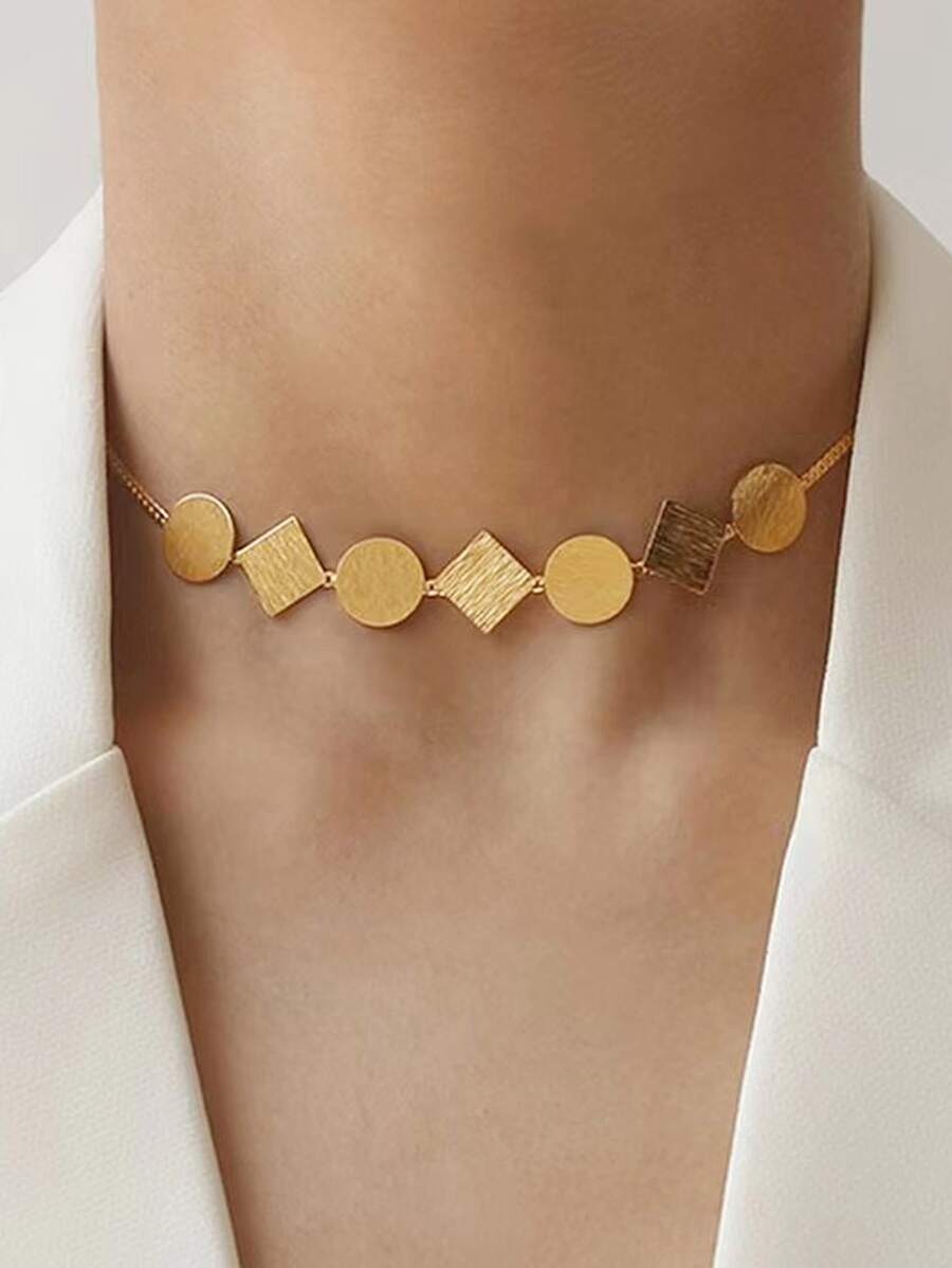 圓形和幾何裝飾項鍊 - 金黃色 - 查看 1