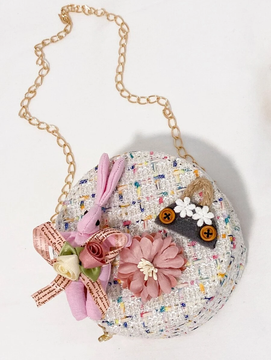 女孩花朵裝飾粗花呢圓形包 - 米色 - 查看 1