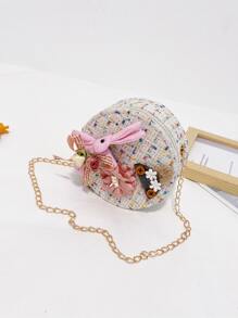 女孩花朵裝飾粗花呢圓形包 - 米色 - 查看 4