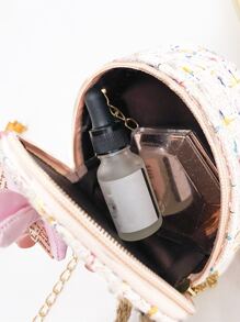 女孩花朵裝飾粗花呢圓形包 - 米色 - 查看 5