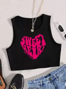 SHEIN Unity Áo hai dây Tim Lá thư Giải trí - màu đen - Xem 1