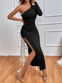 SHEIN Privé One Shoulder Ruched Split Thigh Dress - Black - View 6
