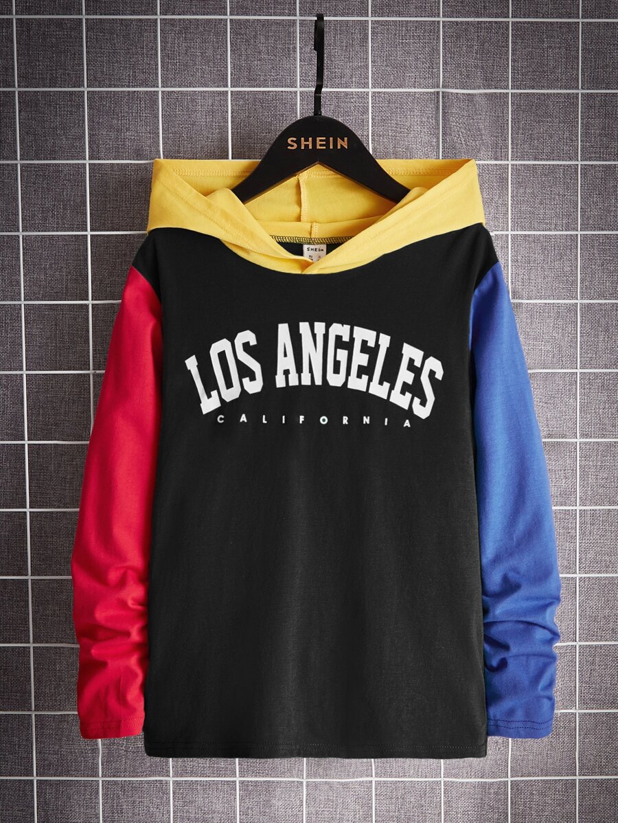 SHEIN Boys Letter Graphic Colourblock Hooded Tee - Black - View 1