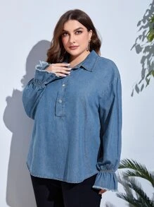 SHEIN Frenchy 大碼荷葉袖半排扣牛仔上衣 - 中等水洗藍 - 查看 4