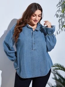 SHEIN Frenchy 大碼荷葉袖半排扣牛仔上衣 - 中等水洗藍 - 查看 5
