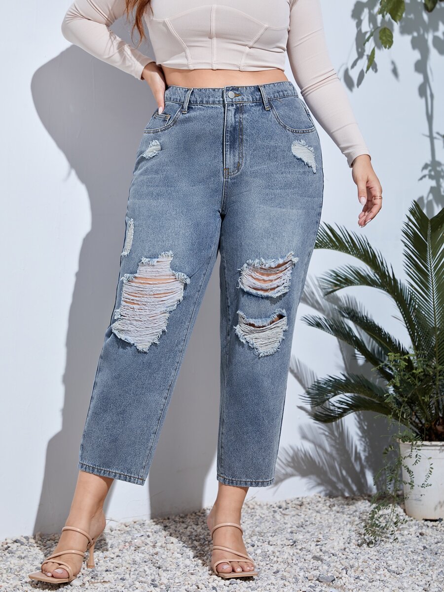 SHEIN Essnce Plus High Waist Ripped Mom Fit Jeans - Light Wash - View 1