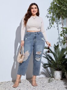 SHEIN Essnce Plus High Waist Ripped Mom Fit Jeans - Light Wash - View 3