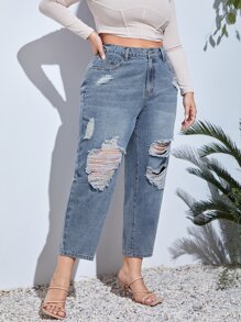 SHEIN Essnce Plus High Waist Ripped Mom Fit Jeans - Light Wash - View 4