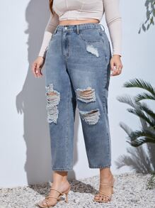 SHEIN Essnce Plus High Waist Ripped Mom Fit Jeans - Light Wash - View 5