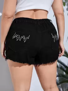 Plus Fire Embroidery Raw Hem Denim Shorts - Black - View 1