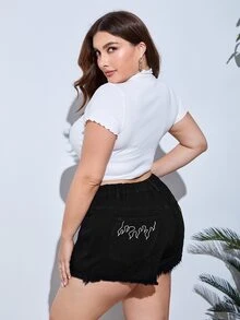 Plus Fire Embroidery Raw Hem Denim Shorts - Black - View 2