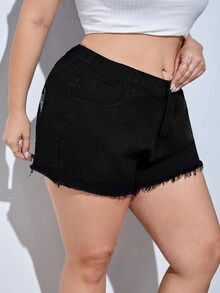 Plus Fire Embroidery Raw Hem Denim Shorts - Black - View 3