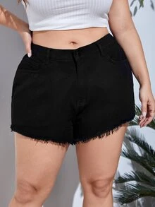 Plus Fire Embroidery Raw Hem Denim Shorts - Black - View 4