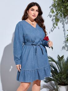 大碼交叉領荷葉邊腰帶牛仔裙 - 中等水洗藍 - 查看 5