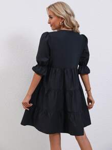 SHEIN LUNE Vestido smock de cuello con cordón de manga con volante bajo con fruncido - Negro - Ver 2