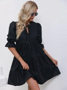 SHEIN LUNE Vestido smock de cuello con cordón de manga con volante bajo con fruncido - Negro - Ver 3
