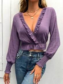 SHEIN Privé 荷葉邊抽褶袖口短款荷葉邊下擺襯衫 - 紫色 - 查看 1