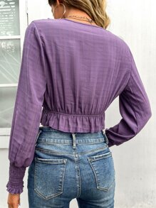 SHEIN Privé 荷葉邊抽褶袖口短款荷葉邊下擺襯衫 - 紫色 - 查看 2