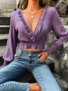 SHEIN Privé 荷葉邊抽褶袖口短款荷葉邊下擺襯衫 - 紫色 - 查看 3