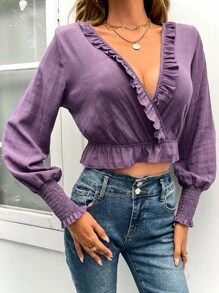 SHEIN Privé 荷葉邊抽褶袖口短款荷葉邊下擺襯衫 - 紫色 - 查看 5