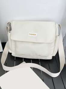 Bolso bandolera con solapa decorativa con parche de letras para hombre, bolso deportivo para escuela secundaria, estudiante universitario, para viajar, escuela universitaria - Beis - Ver 1