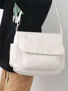 Bolso bandolera con solapa decorativa con parche de letras para hombre, bolso deportivo para escuela secundaria, estudiante universitario, para viajar, escuela universitaria - Beis - Ver 2