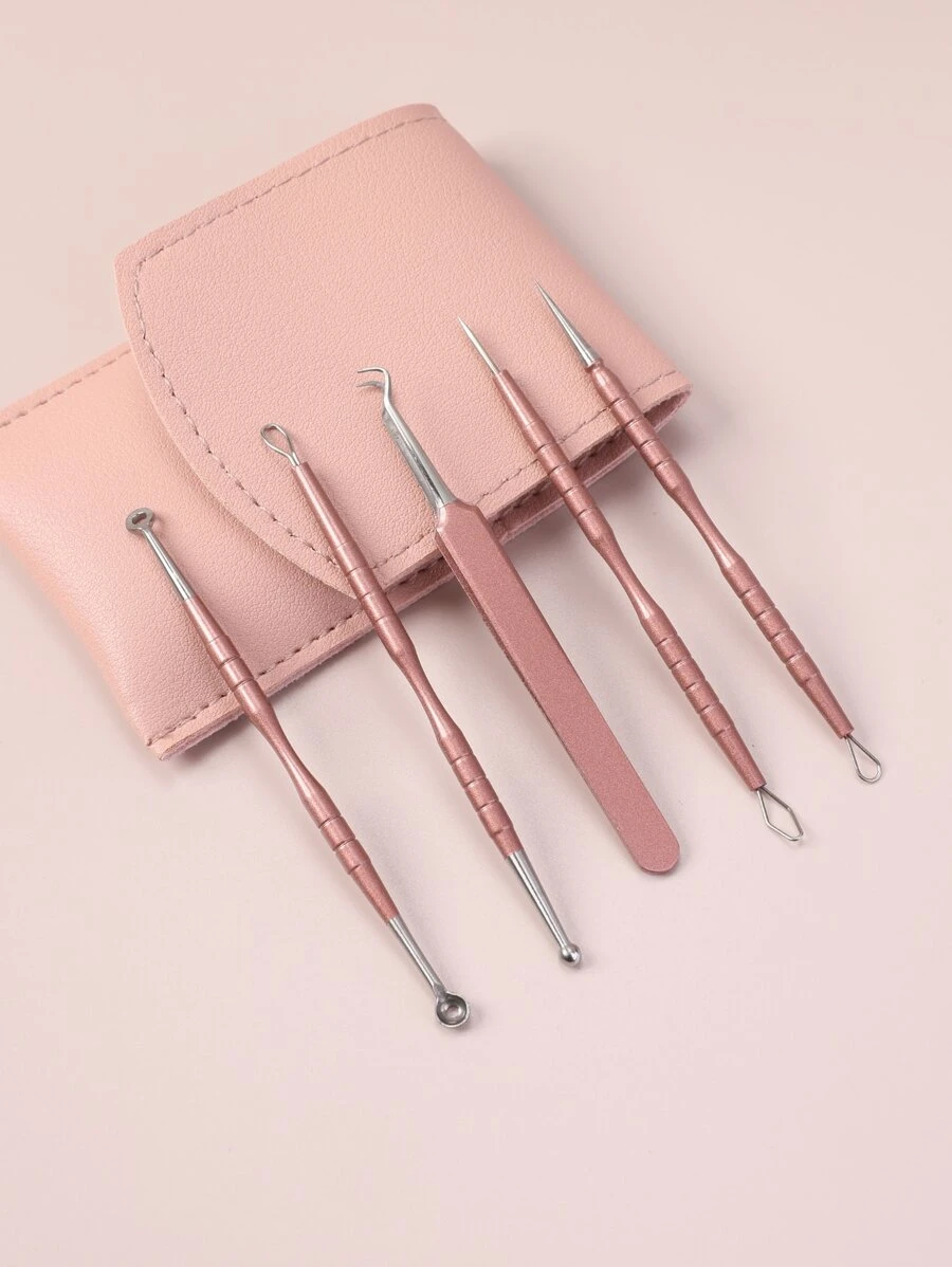 Herramienta extracción espinillas dos cabezas, extractor comedones espinillas 5 piezas, kit eliminación imperfecciones de puntos blancos de acné, acero inoxidable primera calidad, sin riesgos para piel de cara, con bolsa almacenamiento portátil - Oro rosa - Ver 1