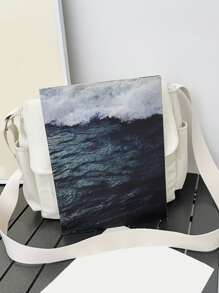 Bolso bandolera con solapa decorativa con parche de letras para hombre, bolso deportivo para escuela secundaria, estudiante universitario, para viajar, escuela universitaria - Beis - Ver 6