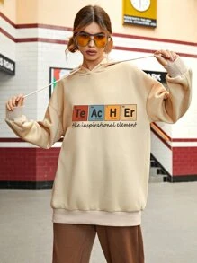SHEIN EZwear Letter Graphic Drop Shoulder Drawstring Thermal Lined Hoodie - Apricot - View 3