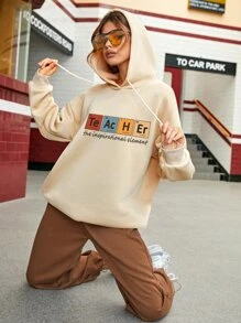 SHEIN EZwear Letter Graphic Drop Shoulder Drawstring Thermal Lined Hoodie - Apricot - View 5