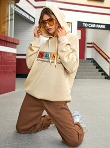 SHEIN EZwear Letter Graphic Drop Shoulder Drawstring Thermal Lined Hoodie - Apricot - View 6