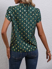 SHEIN Clasi Blusa con estampado de lunares dorados de cuello con cordón de manga farol