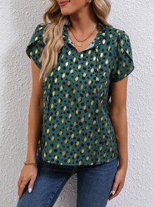 SHEIN Clasi Blusa con estampado de lunares dorados de cuello con cordón de manga farol