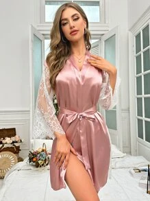 Bata de dormir con encaje en contraste con cinturón de satén - Rosa Pálido - Ver 4