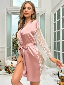 Bata de dormir con encaje en contraste con cinturón de satén - Rosa Pálido - Ver 6