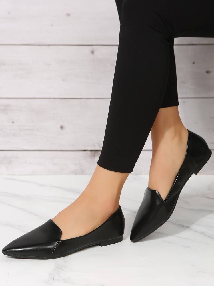 Point Toe Flat Loafers - Black - View 1