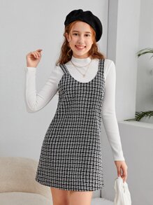 SHEIN Teen Girls Mock Neck Tee & Plaid Dress - Black and White - View 1