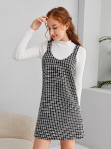 SHEIN Teen Girls Mock Neck Tee & Plaid Dress - Black and White - View 5