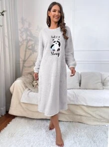 熊猫与字母刺绣法兰绒睡衣长裙，秋冬 - 淺灰色 - 查看 3