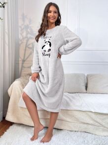 熊猫与字母刺绣法兰绒睡衣长裙，秋冬 - 淺灰色 - 查看 4