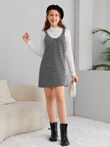 SHEIN Teen Girls Mock Neck Tee & Plaid Dress - Black and White - View 6