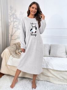 熊猫与字母刺绣法兰绒睡衣长裙，秋冬 - 淺灰色 - 查看 5