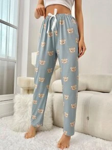 小熊印花前繫帶睡褲 - 霧霾藍 - 查看 1