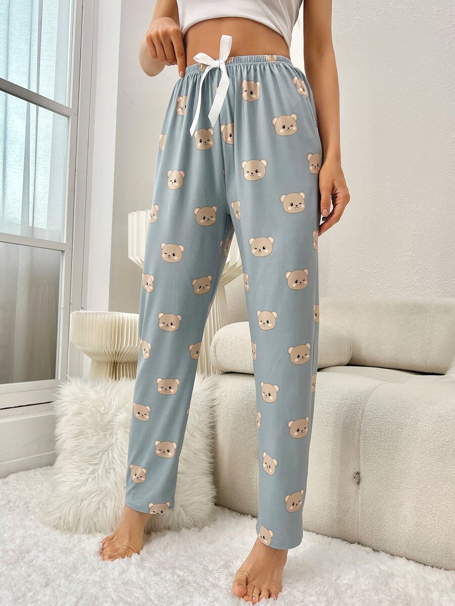小熊印花前繫帶睡褲 - 霧霾藍 - 查看 1