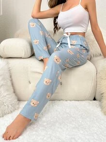 小熊印花前繫帶睡褲 - 霧霾藍 - 查看 3