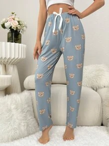 小熊印花前繫帶睡褲 - 霧霾藍 - 查看 4