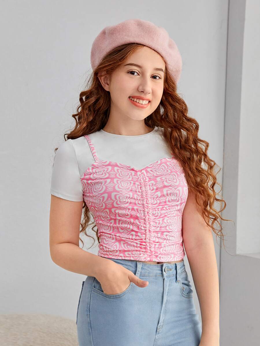 SHEIN 青少年女孩蝴蝶圖案褶邊假兩入組T恤 - 彩色 - 查看 1