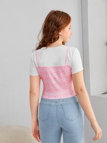 SHEIN 青少年女孩蝴蝶圖案褶邊假兩入組T恤 - 彩色 - 查看 2